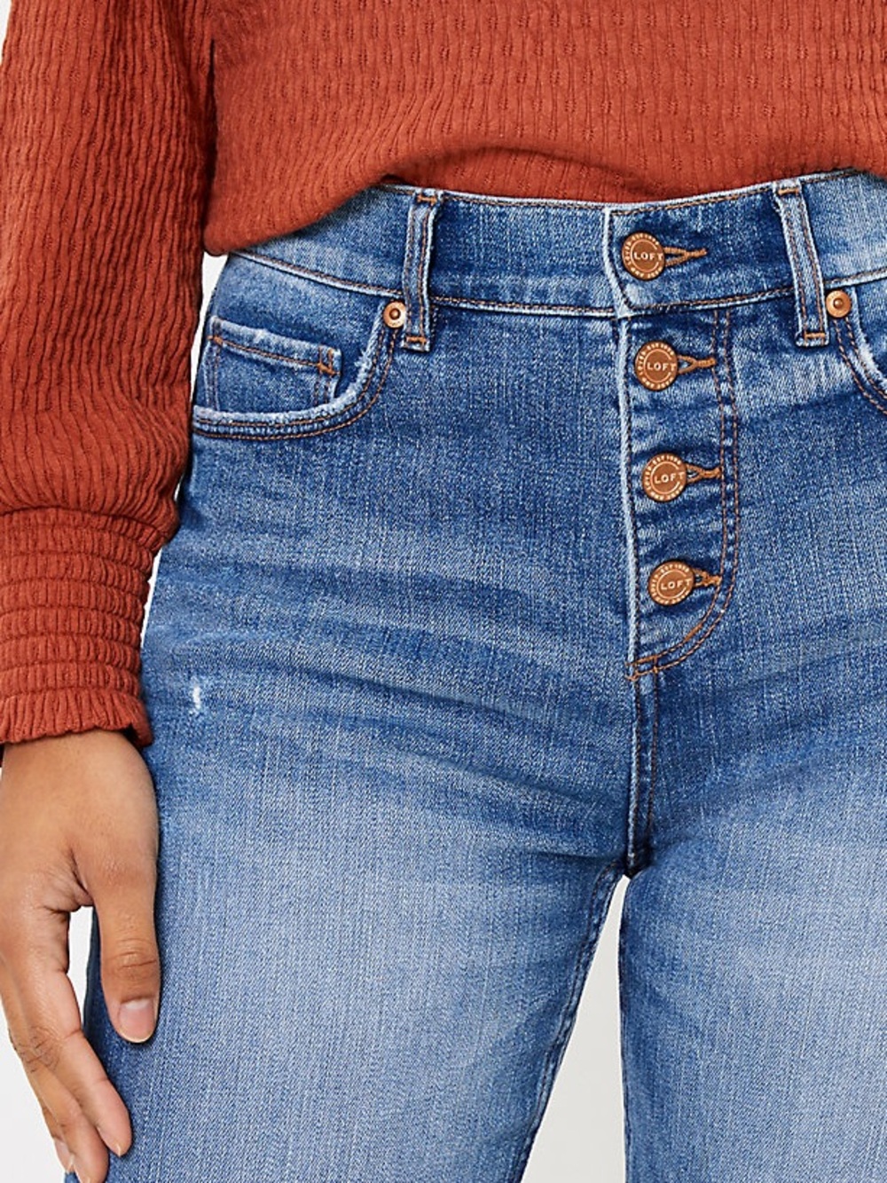 LOFT Kick Crop Light Wash Button Fly Denim Jeans with Golden Topstitching Size29 - Picture 2 of 9